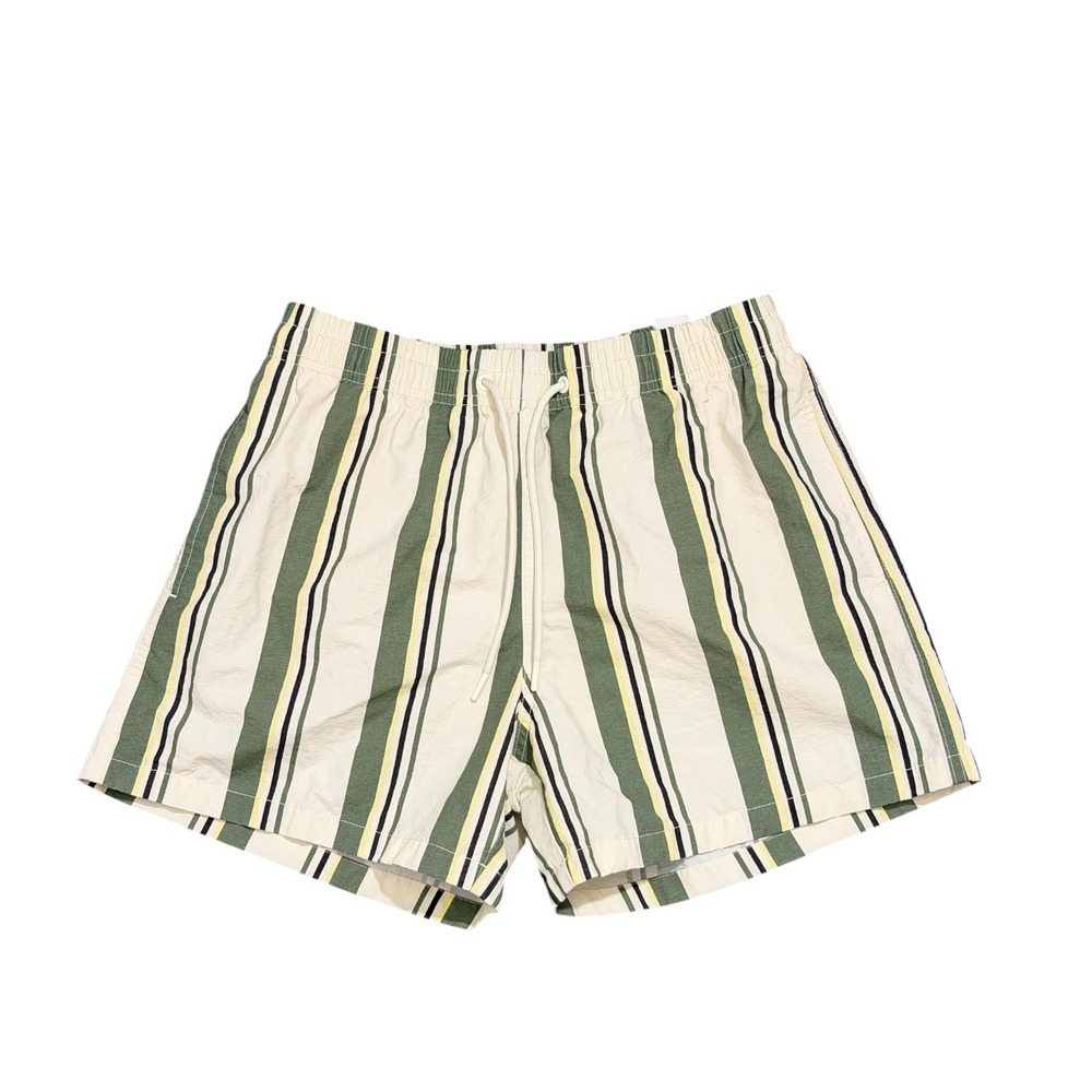 Zara Mens Striped Swim Trunks Green Yellow Cream Drawstring Mesh Lining Size M